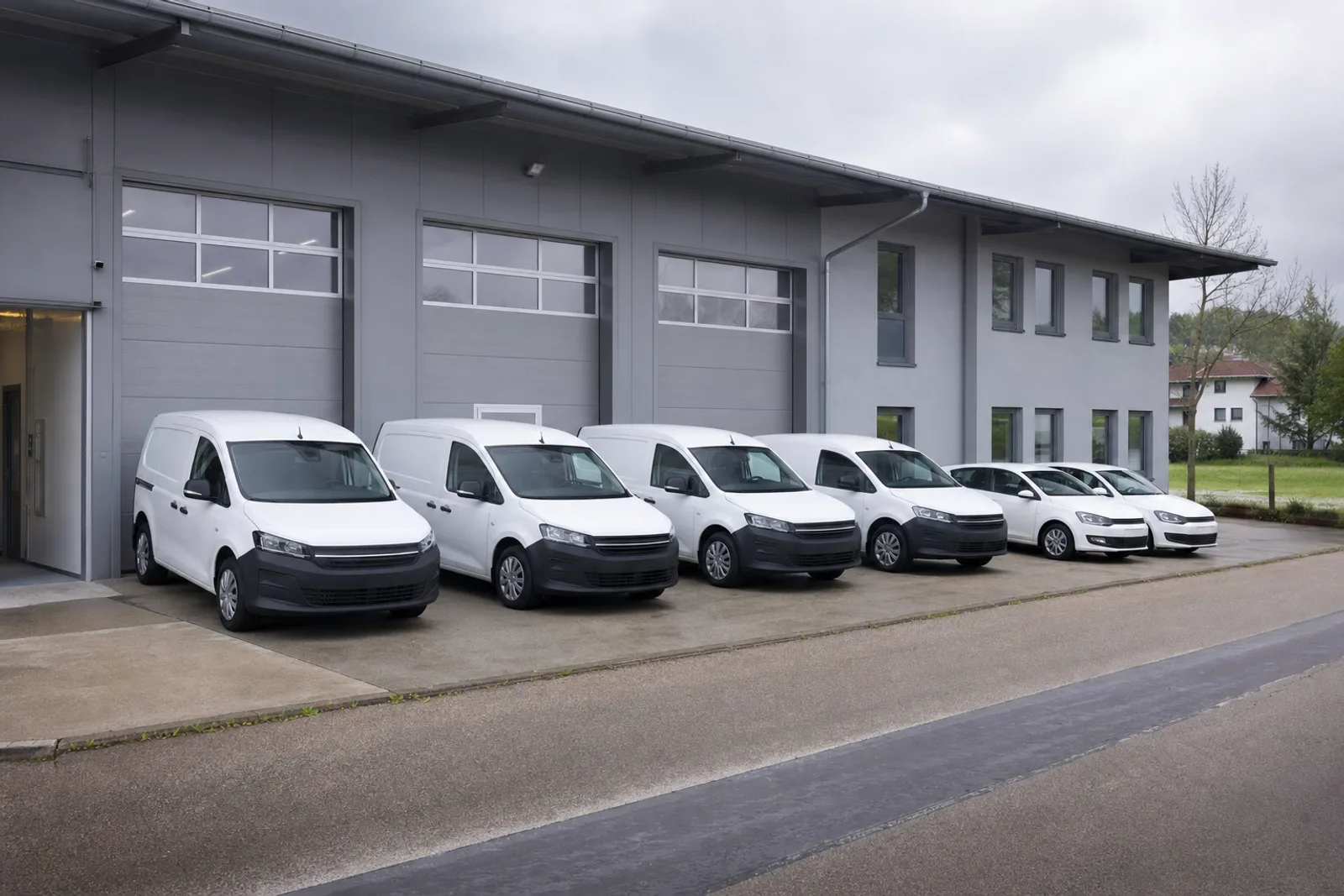Flottenmanagement: Firmentransporter und Dienstwagen vor einer Werkstatt