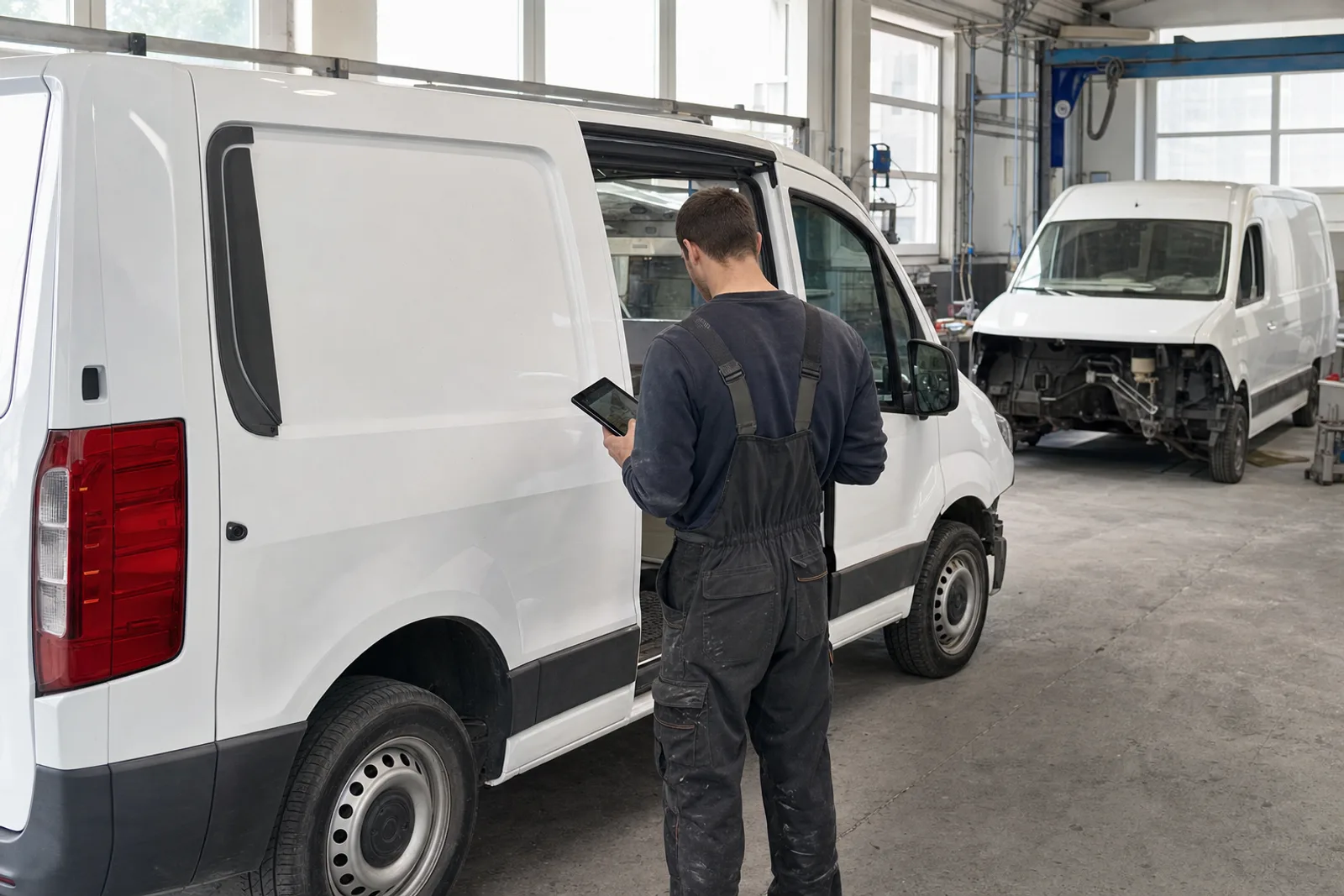 Prüfung eines Firmentransporters mit dem Tablet im Flottenmanagement