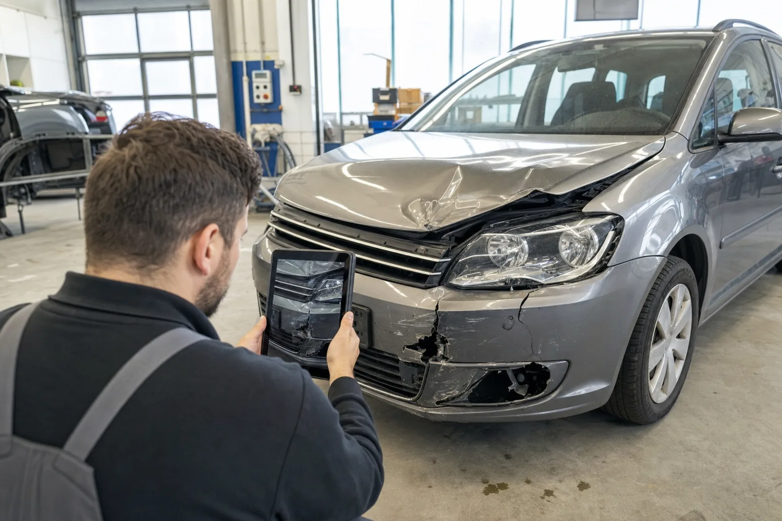Frontschaden an einem Auto wird nach einem Teilkasko-Schaden mit dem Tablet fotografiert, Lackprofi GmbH in Kirchheim