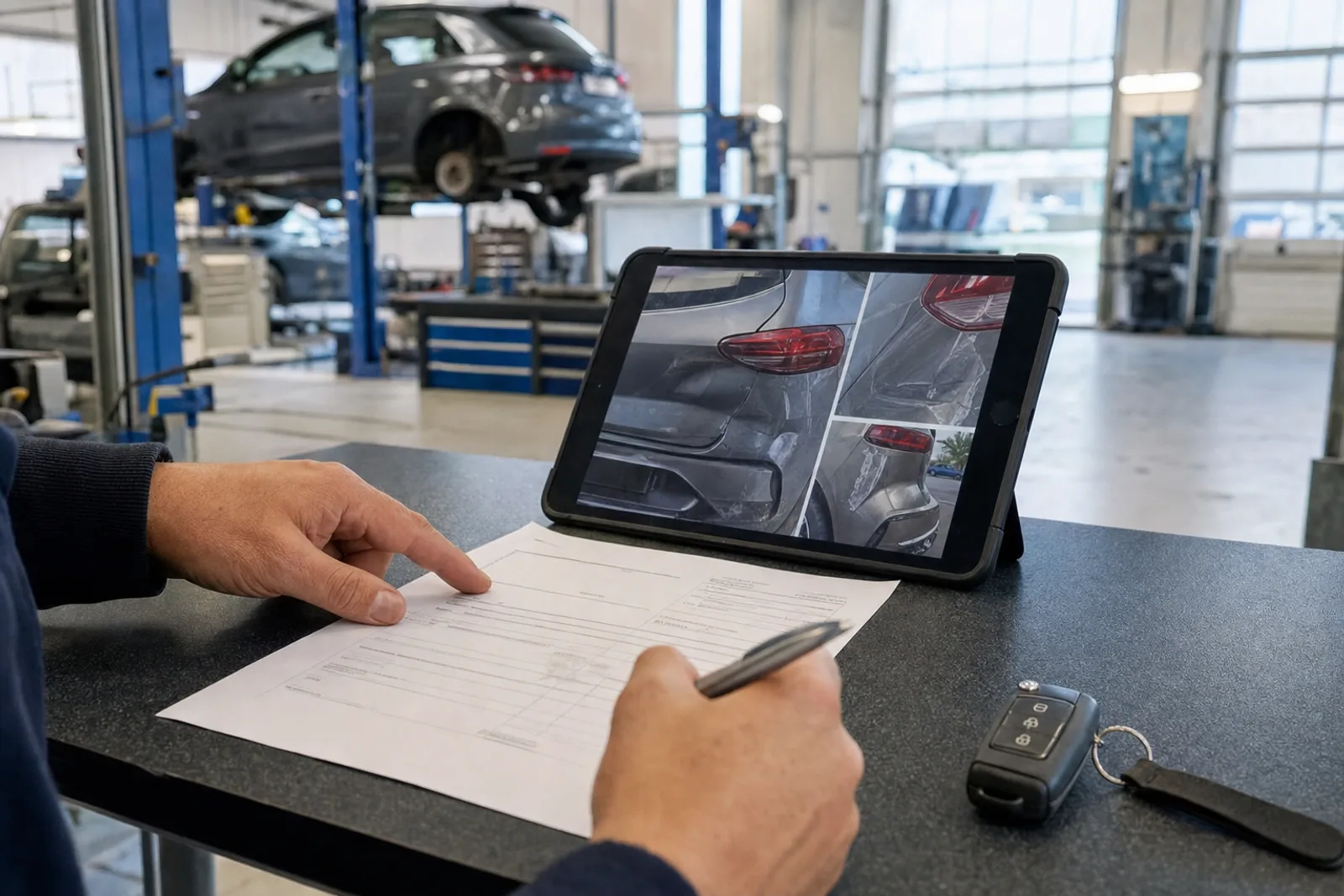 Schadenfotos auf dem Tablet und Formular für die Teilkasko-Meldung in der Werkstatt der Lackprofi GmbH in Kirchheim
